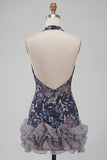Vestido corto de bienvenida de bienvenida con escote azul marino con cuello halter y lentejuelas, bodycon flores, sin espalda