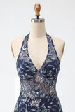 Vestido corto de bienvenida de bienvenida con escote azul marino con cuello halter y lentejuelas, bodycon flores, sin espalda
