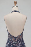Vestido corto de bienvenida de bienvenida con escote azul marino con cuello halter y lentejuelas, bodycon flores, sin espalda