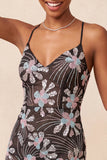 Vestido corto corto de bienvenida con cortes negros de Bodycon tirantes finos, lentejuelas, floral