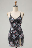Vestido corto corto de bienvenida con cortes negros de Bodycon tirantes finos, lentejuelas, floral