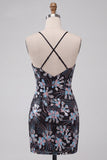 Vestido corto corto de bienvenida con cortes negros de Bodycon tirantes finos, lentejuelas, floral