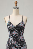 Vestido corto corto de bienvenida con cortes negros de Bodycon tirantes finos, lentejuelas, floral