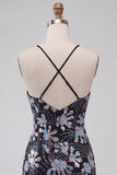 Vestido corto corto de bienvenida con cortes negros de Bodycon tirantes finos, lentejuelas, floral