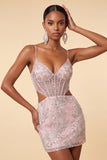 Corsé bodycon con rubor con tirantes finos, lentejuelas, vestido corto floral de bienvenida