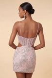 Corsé bodycon con rubor con tirantes finos, lentejuelas, vestido corto floral de bienvenida