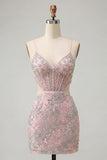 Corsé bodycon con rubor con tirantes finos, lentejuelas, vestido corto floral de bienvenida