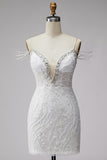 Vestido corto de homecoming corto con cuentas y cuentas blanco al revés y pedrería