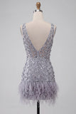 Vestido corto de bienvenida corto de homecoming, corto bodycon cuello en V de lavanda lavanda polvoriento con plumas