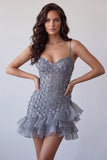 Bodycon vestido corto de bienvenida con volantes cortos de finos florales de lavanda lavanda polvorienta