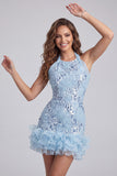 Vestido corto corto de Homecoming con escote alto azul cielo con volantes y lentejuelas