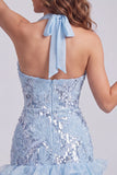 Vestido corto corto de Homecoming con escote alto azul cielo con volantes y lentejuelas