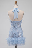 Vestido corto corto de Homecoming con escote alto azul cielo con volantes y lentejuelas