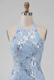 Vestido corto corto de Homecoming con escote alto azul cielo con volantes y lentejuelas