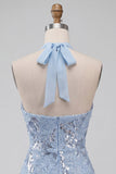 Vestido corto corto de Homecoming con escote alto azul cielo con volantes y lentejuelas