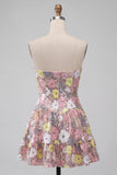 Vestido corto corto de bienvenida rosa rosa A-Line A-Line con escaleras y lentejuelas