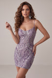 Vestido corto de bienvenida con tirantes cortos de bodycon lila y lentejuelas