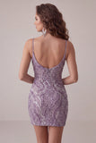 Vestido corto de bienvenida con tirantes cortos de bodycon lila y lentejuelas
