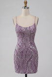 Vestido corto de bienvenida con tirantes cortos de bodycon lila y lentejuelas