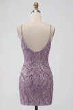 Vestido corto de bienvenida con tirantes cortos de bodycon lila y lentejuelas