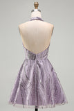 Vestido corto de bienvenida sin espalda sin espalda con escote lila y cuello lila en forma de A, vestido corto de bienvenida con lentejuelas