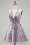 Vestido corto de bienvenida sin espalda sin espalda con escote lila y cuello lila en forma de A, vestido corto de bienvenida con lentejuelas