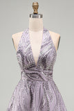 Vestido corto de bienvenida sin espalda sin espalda con escote lila y cuello lila en forma de A, vestido corto de bienvenida con lentejuelas