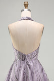Vestido corto de bienvenida sin espalda sin espalda con escote lila y cuello lila en forma de A, vestido corto de bienvenida con lentejuelas