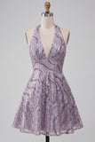 Vestido corto de bienvenida sin espalda sin espalda con escote lila y cuello lila en forma de A, vestido corto de bienvenida con lentejuelas