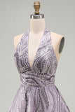Vestido corto de bienvenida sin espalda sin espalda con escote lila y cuello lila en forma de A, vestido corto de bienvenida con lentejuelas