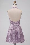 Vestido corto de bienvenida sin espalda sin espalda con escote lila y cuello lila en forma de A, vestido corto de bienvenida con lentejuelas