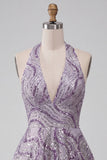 Vestido corto de bienvenida sin espalda sin espalda con escote lila y cuello lila en forma de A, vestido corto de bienvenida con lentejuelas