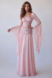 Mangas acampanadas rosa claro, corsé de lentejuelas línea A vestido formal largo