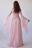Mangas acampanadas rosa claro, corsé de lentejuelas línea A vestido formal largo