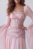 Mangas acampanadas rosa claro, corsé de lentejuelas línea A vestido formal largo
