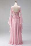 Mangas acampanadas rosa claro, corsé de lentejuelas línea A vestido formal largo