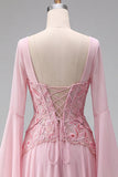 Mangas acampanadas rosa claro, corsé de lentejuelas línea A vestido formal largo
