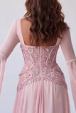 Mangas acampanadas rosa claro, corsé de lentejuelas línea A vestido formal largo