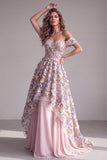 Aplique florales 3D rosas, Corsé de hombros descubiertos, vestido formal largo