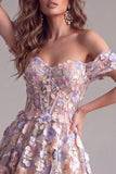 Aplique florales 3D rosas, Corsé de hombros descubiertos, vestido formal largo