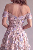 Aplique florales 3D rosas, Corsé de hombros descubiertos, vestido formal largo
