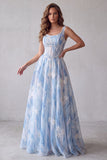 Corsé floral azul claro de línea cuadrada con escote en forma de perla y vestido formal largo