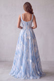 Corsé floral azul claro de línea cuadrada con escote en forma de perla y vestido formal largo