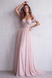 Corsé rosa claro de línea A largo con vestido formal largo y aplique florales 3D rosa claro