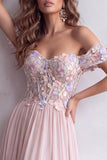Corsé rosa claro de línea A largo con vestido formal largo y aplique florales 3D rosa claro