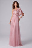 Vestido formal largo en línea en forma de A con bordado rosa