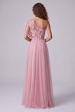 Vestido formal largo en línea en forma de A con bordado rosa