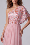 Vestido formal largo en línea en forma de A con bordado rosa