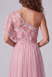 Vestido formal largo en línea en forma de A con bordado rosa