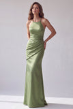 Sirena verde fruncida, tirantes cruzados, vestido formal largo
